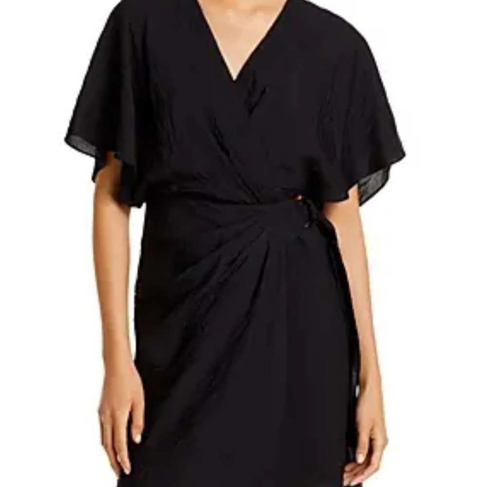 Lucy Paris Black Wrap Midi Dress with Flutter Sleeves